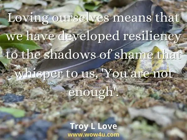 Loving ourselves means that we have developed resiliency to the shadows of shame that whisper to us, 'You are not enough'. Troy L Love,   A Year of Self Love
