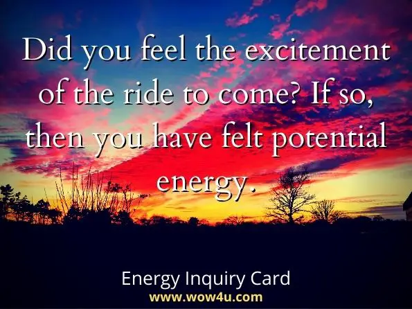 Did you feel the excitement of the ride to come? If so, then you have felt potential energy.Energy Inquiry Card--Feel the Potential!

