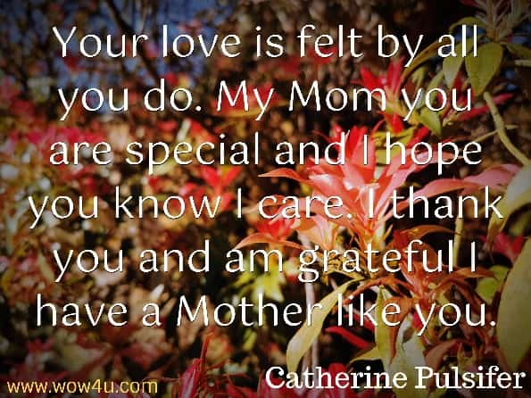Your love is felt by all you do. My Mom you are special and
 I hope you know I care. I thank you and am grateful I have a Mother like you. So this Christmas time may God bless you. Catherine Pulsifer  

