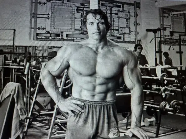 Arnold Schwarzenegger standing in a gym as a young man
