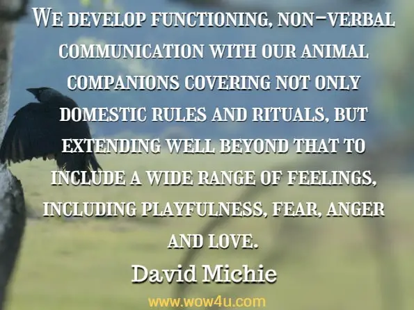 We develop functioning, non-verbal communication with our animal companions covering not only domestic rules and rituals, but extending well beyond that to include a wide range of feelings, including playfulness, fear, anger and love.
David Michie , Buddhism For Pet Lovers  