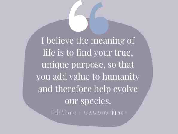 I believe the meaning of life is to find your true, unique purpose, so that you add value to humanity and therefore help evolve our species. 	Rob Moore, Life Leverage
