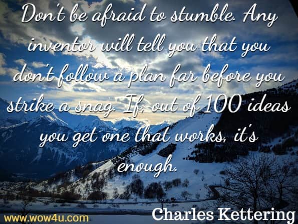  Don't be afraid to stumble. Any inventor will tell you that 
you don't follow a plan far before you strike a snag. 
If, out of 100 ideas you get one that works, it's enough. Charles Kettering
