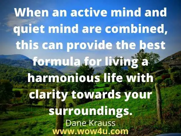 When an active mind and quiet mind are combined, this can provide the best formula for living a harmonious life with clarity towards your surroundings.
Dane Krauss, The Meditation Guidebook For Beginners
