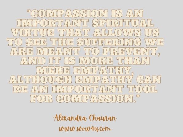 Compassion is an important spiritual virtue that allows us to see the suffering we are meant to prevent, and it is more than mere empathy, although empathy can be an important tool for compassion. Alexandra Chauran, Compassion is the Key to Everything