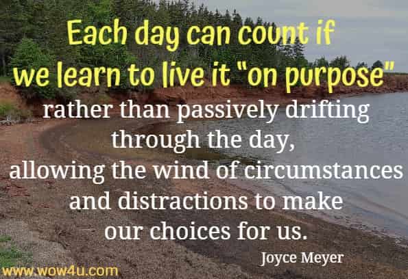 Each day can count if we learn to live it on purpose rather than passively drifting through the day, allowing the wind of circumstances and distractions to make our choices for us.
Joyce Meyer
