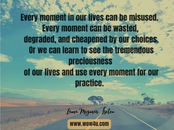 Every moment in our lives can be misused. Every moment can be wasted, degraded, and cheapened by our choices. Or we can learn to see the tremendous preciousness of our lives and use every moment for our practice. Lama Migmar Tseten, The Play of Mahamudra