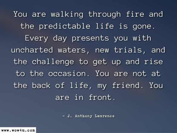 You are walking through fire and the predictable life is gone. Every day presents you with uncharted waters, new trials, and the challenge to get up and rise to the occasion. You are not at the back of life, my friend. You are in front.
J. Anthony Laurence, Coming Back

