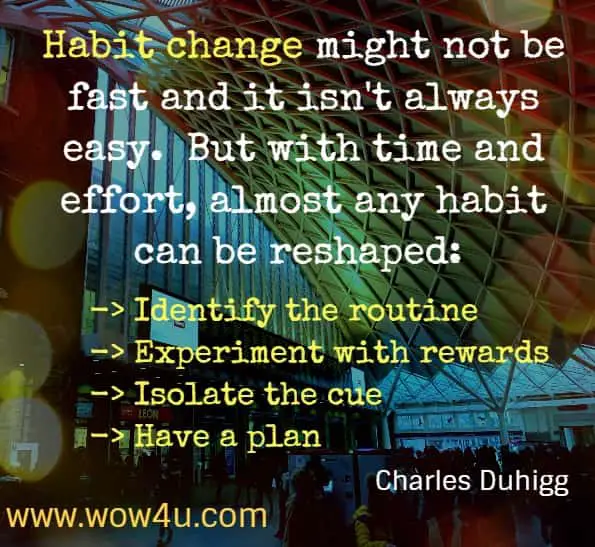 Habit change might not be fast and it isn't always easy.  But with time and effort, almost any habit can be reshaped: identify the routine, experiment with rewards, isolate the cue and have a plan.Charles Duhigg - The power of habit: why we do what we do in life and business.