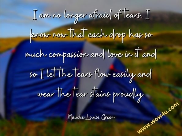 I am no longer afraid of tears. I know now that each drop has so much compassion and love in it and so I let the tears flow easily and wear the tear stains proudly. Maudie Louise Green, Broken Heart/Mended Fences