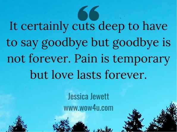 It certainly cuts deep to have to say goodbye but goodbye is not forever. Pain is temporary but love lasts forever. Jessica Jewett, Unveiled: Fanny Chamberlain Reincarnated 