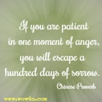If you are patient in one moment of anger, you will escape a hundred days of sorrow. Chinese Proverb 
