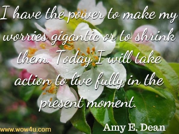 I have the power to make my worries gigantic or to shrink them. Today I will take action to live fully in the present moment. Amy E. Dean