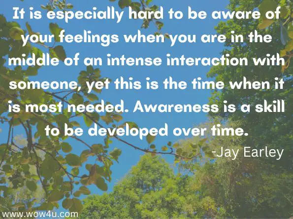 It is especially hard to be aware of your feelings when you are in the middle of an intense interaction with someone, yet this is the time when it is most needed. Awareness is a skill to be developed over time.