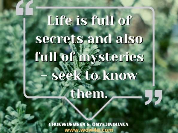 Life is full of secrets and also full of mysteries – seek to know them.
Chukwuemeka E. Onyejinduaka, Good Proverbs and Quotes of Chukwuemeka E.O.