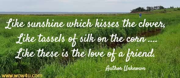 Like sunshine which kisses the clover, 
Like tassels of silk on the corn ....
Like these is the love of a friend. Author Unknown