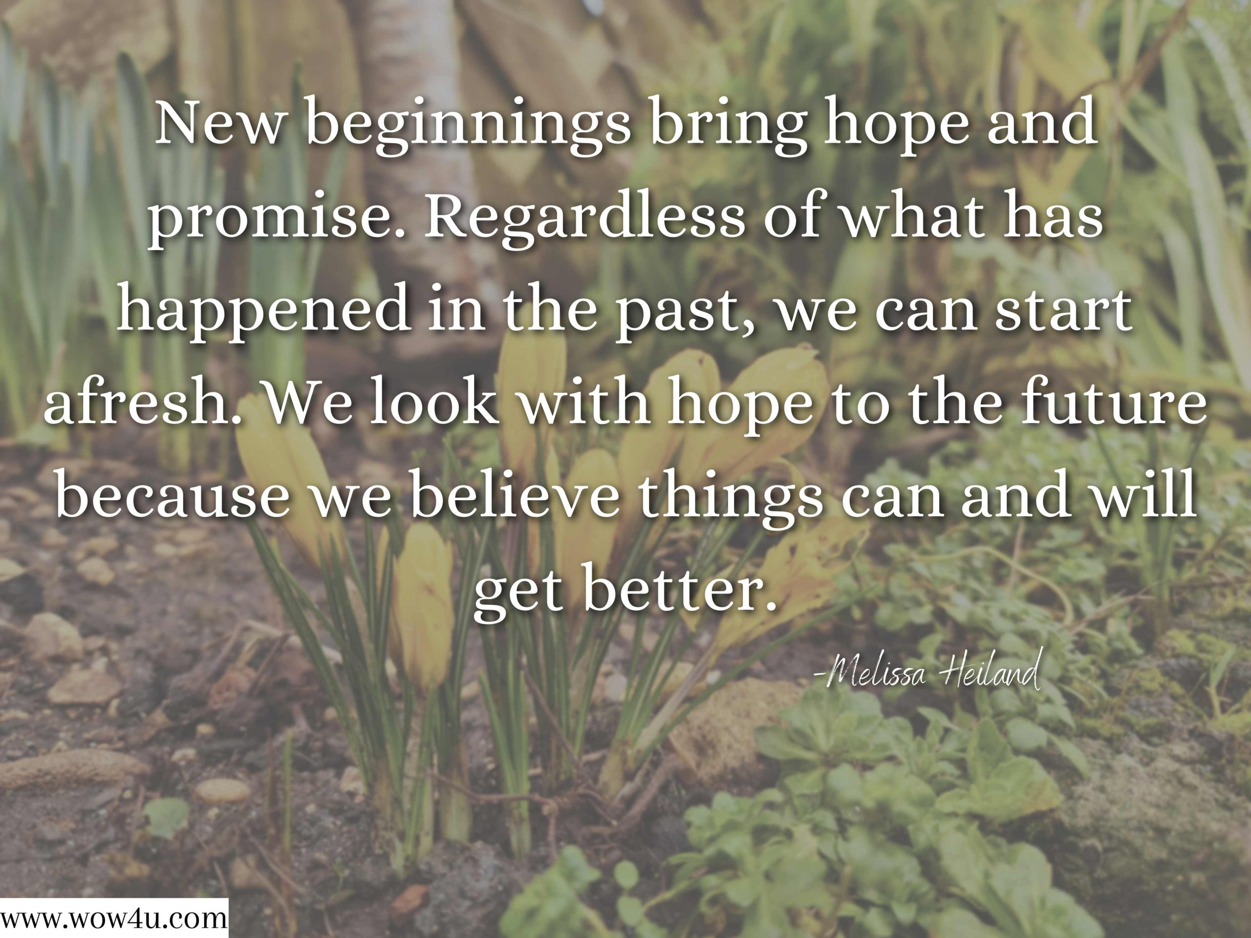 New beginnings bring hope and promise. Regardless of what has happened in the past, we can start afresh. We look with hope to the future because we believe things can and will get better. Melissa Heiland , A Mother's Journey: A Devotional for Pregnancy 
