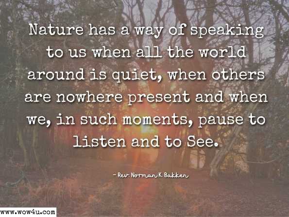 Nature has a way of speaking to us when all the world around is quiet, when others are nowhere present and when we, in such moments, pause to listen and to See. Rev. Norman K. Bakken, Ph.D.,A Sense of the Sacred 