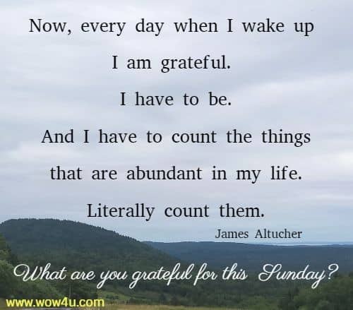 Now, every day when I wake up I am grateful. I have to be.
 And I have to count the things that are abundant in my life.
 Literally count them.  James Altucher 
 What are you grateful for this Sunday?
