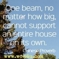 One beam, no matter how big, cannot support an entire house on its own.  Chinese Proverb