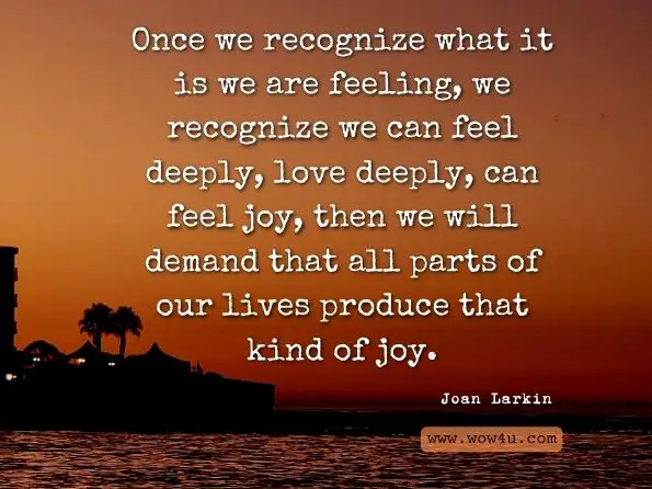 Once we recognize what it is we are feeling, we recognize we can feel deeply, love deeply, can feel joy, then we will demand that all parts of our lives produce that kind of joy. Joan Larkin, Glad Day 