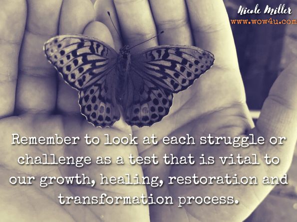 Remember to look at each struggle or challenge as a test that is vital to our growth, healing, restoration and transformation process. Nicole Miller, The Butterfly Effect: Transforming One Person at a Time, Vol. I