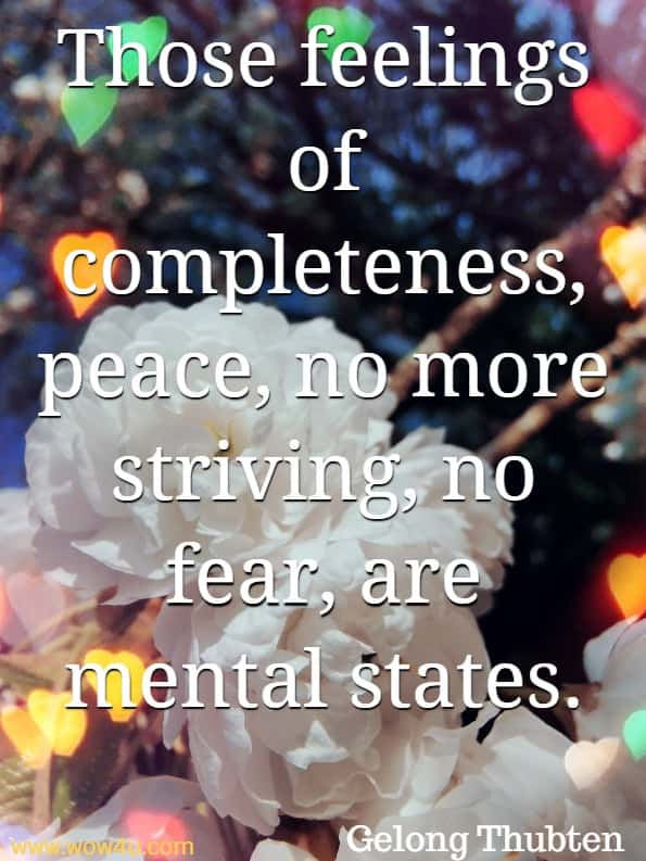 Those feelings of completeness, peace, no more striving, no fear, are mental states. Gelong Thubten, A Monks Guide To Happiness