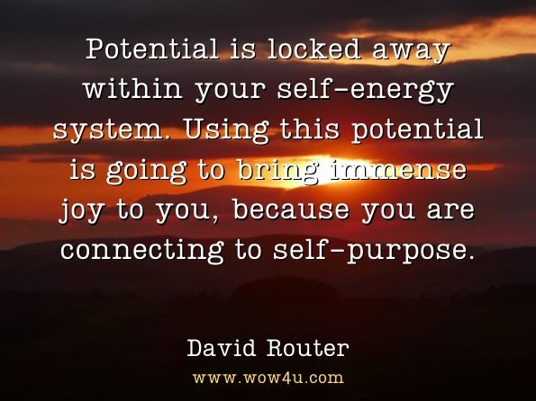 This innate potential is locked away within your self-energy system. Using this potential is going to bring immense joy to you, because you are connecting to self-purpose. David Router, Conversations Through My Soul of Presence 