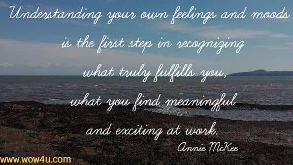 Understanding your own feelings and moods is the first step in recognizing what truly fulfills you, what you find meaningful and exciting at work.
   Annie McKee
