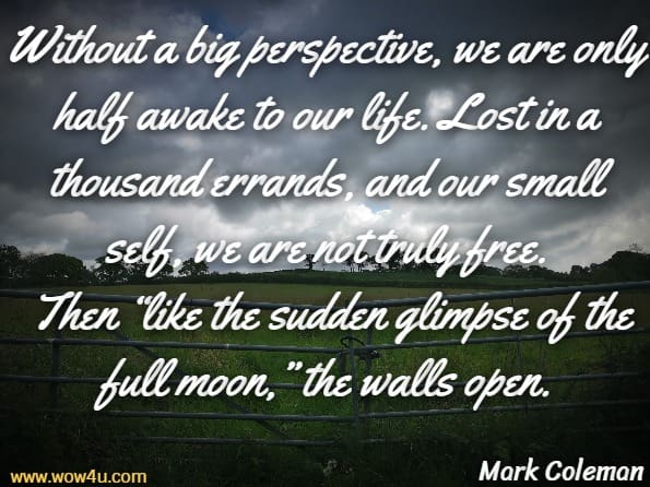 Without a big perspective, we are only half awake to our life. Lost in a thousand errands, and our small self, we are not truly free. Then “like the sudden glimpse of the full moon,” the walls open. Mark Coleman, Awake In The Wild 