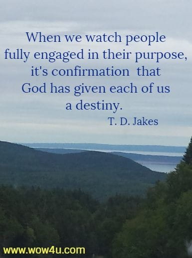 When we watch people fully engaged in their purpose, it's confirmation
 that God has given each of us a destiny.  T. D. Jakes