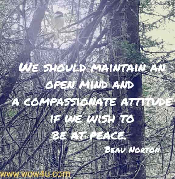 We should maintain an open mind and a compassionate attitude if we 
wish to be at peace.Beau Norton