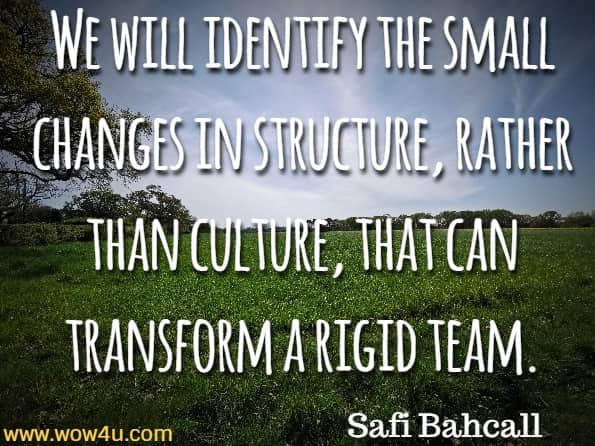We will identify the small changes in structure, rather than culture, that can transform a rigid team. Safi Bahcall, Loonshots