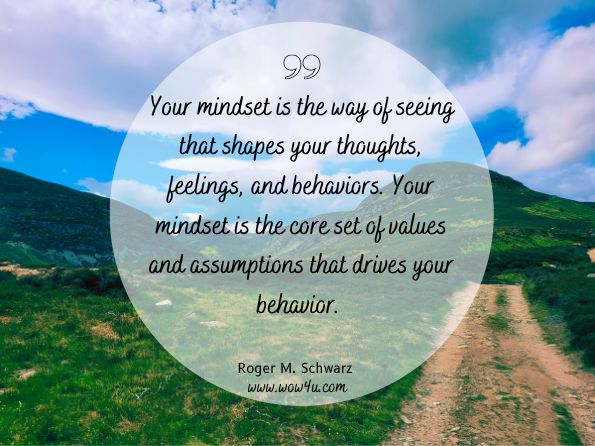 Your mindset is the way of seeing that shapes your thoughts, feelings, and behaviors. Your mindset is the core set of values and assumptions that drives your behavior. Roger M. Schwarz , The Skilled Facilitator  