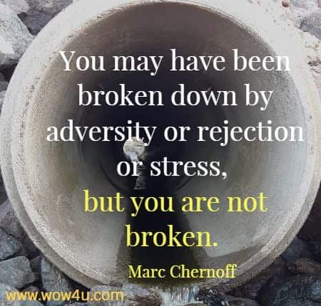 You may have been broken down by adversity or rejection or stress, but you are not broken. 
Marc Chernoff
