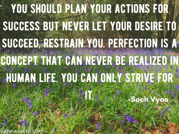 You should plan your actions for success but never let your desire to succeed, restrain you. Perfection is a concept that can never be realized in human life. You can only strive for it.  